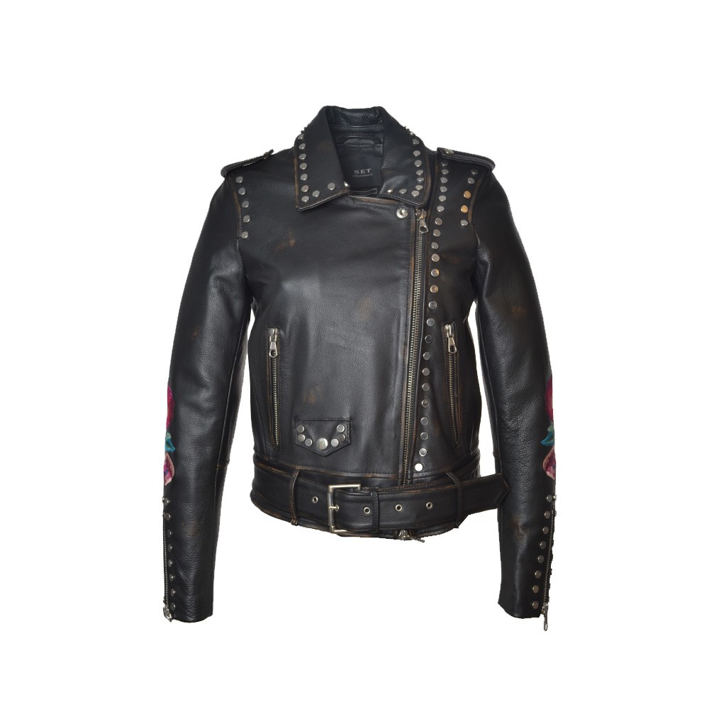 Leather Jacket, SET Urban Deluxe, VESTE model, in black with floral