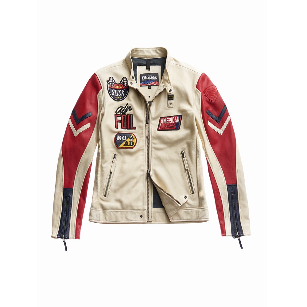 Jacket leather Blauer SBLUL02131 colour red and blue striped sleeves